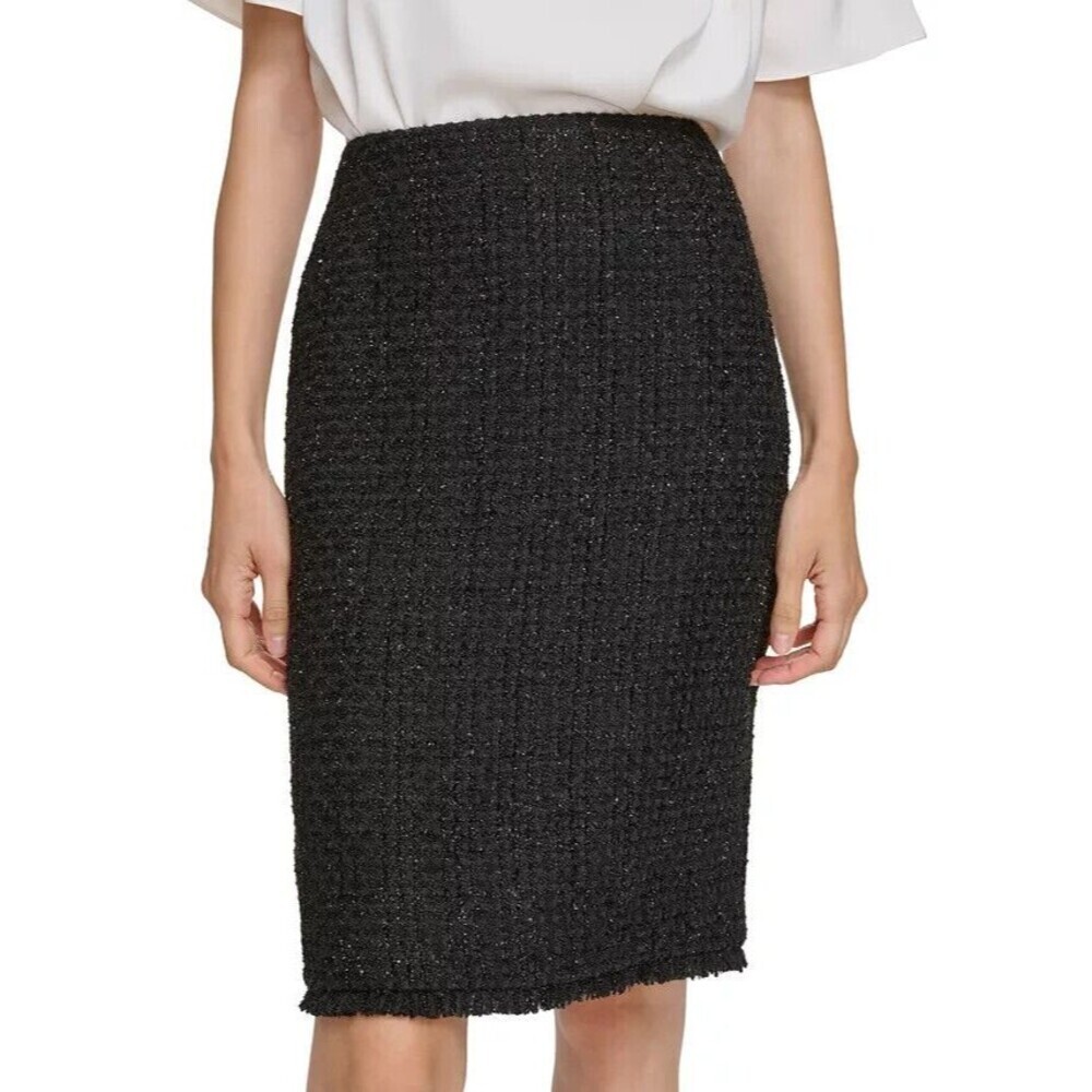 Calvin Klein Women's Metallic Tweed Fringe-Trim Pencil Lined Skirt Black 2